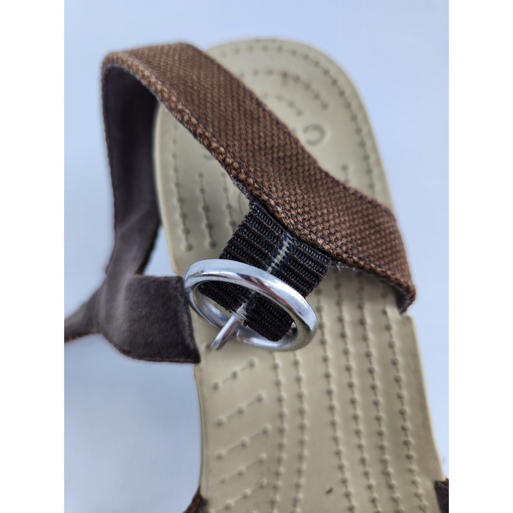 Crocs Hanalei Wedge Sandals Womens 7 Brown Canvas Ankle Strap Platform Peep Toe - Picture 6 of 12